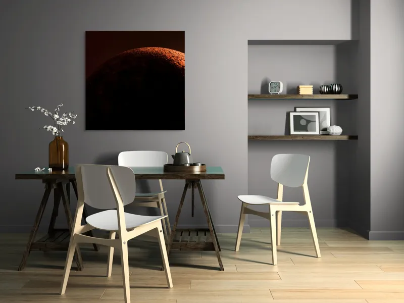 Tablou Canvas, "Umbră cosmică pe un cer roșu", Planeta, Umbre, Roșu, Mister, Suprafețe, Contrast, Lumină, Spațiu, 100 x 100 cm – poza 6