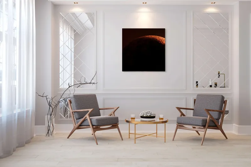 Tablou Canvas, "Umbră cosmică pe un cer roșu", Planeta, Umbre, Roșu, Mister, Suprafețe, Contrast, Lumină, Spațiu, 100 x 100 cm – poza 7