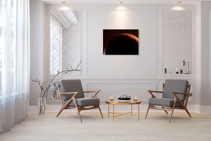Tablou Canvas, "Umbră cosmică pe un cer roșu", Planeta, Umbre, Roșu, Mister, Suprafețe, Contrast, Lumină, Spațiu, 100 x 70 cm – poza 5