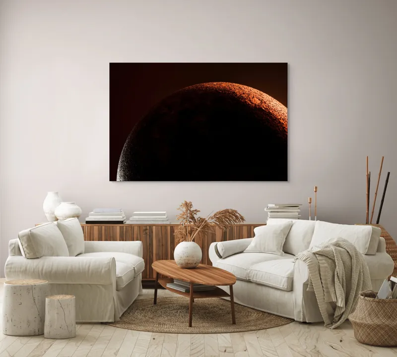 Tablou Canvas, "Umbră cosmică pe un cer roșu", Planeta, Umbre, Roșu, Mister, Suprafețe, Contrast, Lumină, Spațiu, 150 x 100 cm – poza 3