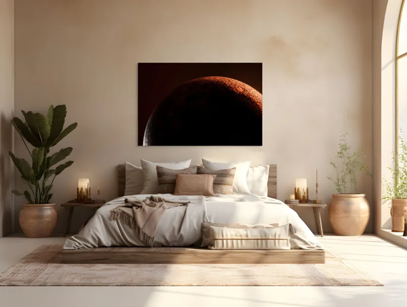 Tablou Canvas, "Umbră cosmică pe un cer roșu", Planeta, Umbre, Roșu, Mister, Suprafețe, Contrast, Lumină, Spațiu, 150 x 100 cm – poza 4