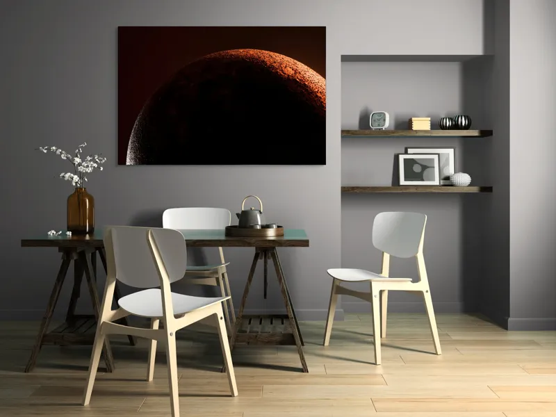 Tablou Canvas, "Umbră cosmică pe un cer roșu", Planeta, Umbre, Roșu, Mister, Suprafețe, Contrast, Lumină, Spațiu, 150 x 100 cm – poza 5