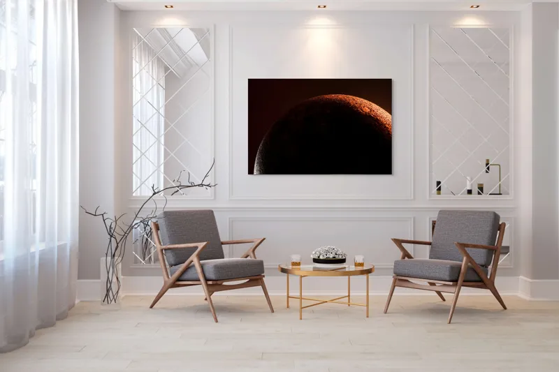 Tablou Canvas, "Umbră cosmică pe un cer roșu", Planeta, Umbre, Roșu, Mister, Suprafețe, Contrast, Lumină, Spațiu, 150 x 100 cm – poza 7