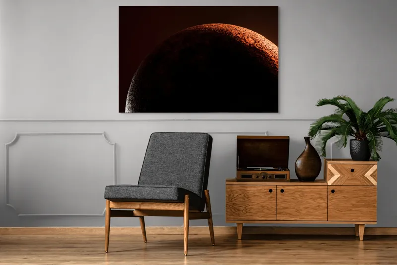 Tablou Canvas, "Umbră cosmică pe un cer roșu", Planeta, Umbre, Roșu, Mister, Suprafețe, Contrast, Lumină, Spațiu, 150 x 100 cm – poza 8