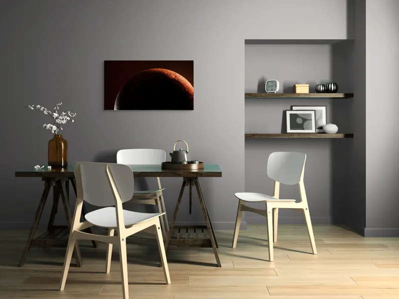 Tablou Canvas, "Umbră cosmică pe un cer roșu", Planeta, Umbre, Roșu, Mister, Suprafețe, Contrast, Lumină, Spațiu, 90 x 50 cm – poza 3