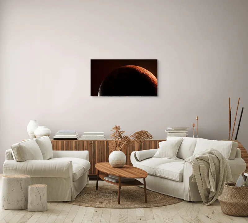 Tablou Canvas, "Umbră cosmică pe un cer roșu", Planeta, Umbre, Roșu, Mister, Suprafețe, Contrast, Lumină, Spațiu, 90 x 50 cm – poza 4