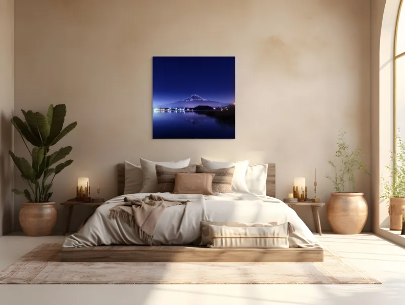 Tablou Canvas, "Luminile nopții la poalele muntelui", Munte, Stele, Reflecție, Lumină, Noapte, Lac, Peisaj, Cer, Calm, Natură, 100 x 100 cm – poza 4