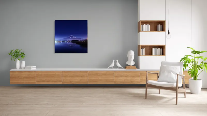 Tablou Canvas, "Luminile nopții la poalele muntelui", Munte, Stele, Reflecție, Lumină, Noapte, Lac, Peisaj, Cer, Calm, Natură, 100 x 100 cm – poza 8