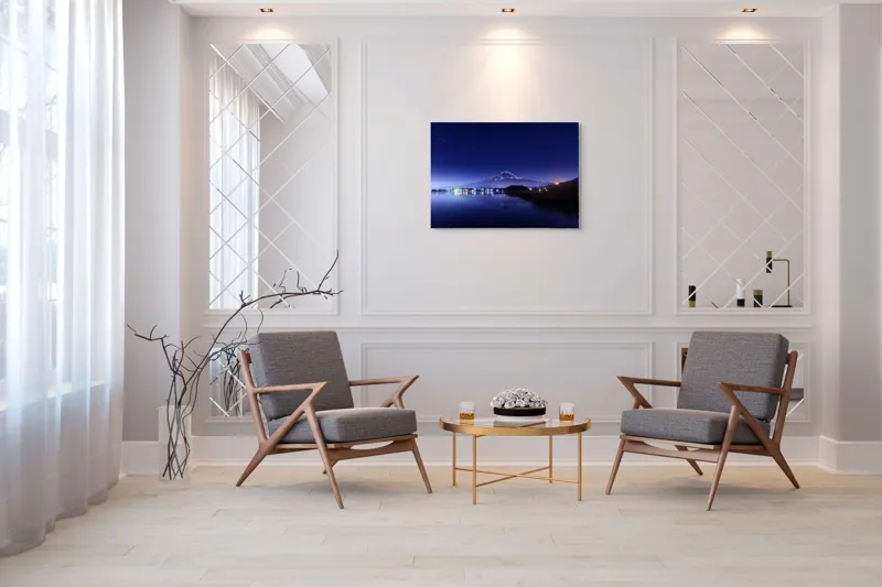 Tablou Canvas, "Luminile nopții la poalele muntelui", Munte, Stele, Reflecție, Lumină, Noapte, Lac, Peisaj, Cer, Calm, Natură, 100 x 70 cm – poza 5