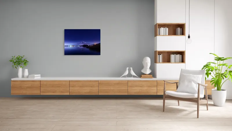 Tablou Canvas, "Luminile nopții la poalele muntelui", Munte, Stele, Reflecție, Lumină, Noapte, Lac, Peisaj, Cer, Calm, Natură, 100 x 70 cm – poza 6
