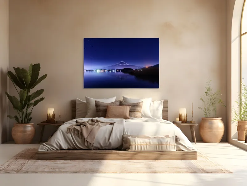 Tablou Canvas, "Luminile nopții la poalele muntelui", Munte, Stele, Reflecție, Lumină, Noapte, Lac, Peisaj, Cer, Calm, Natură, 150 x 100 cm – poza 4