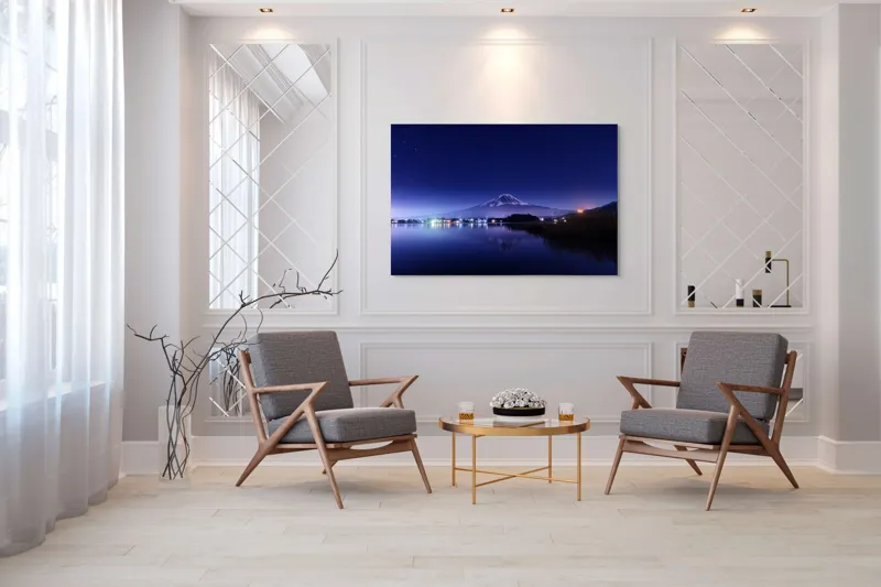Tablou Canvas, "Luminile nopții la poalele muntelui", Munte, Stele, Reflecție, Lumină, Noapte, Lac, Peisaj, Cer, Calm, Natură, 150 x 100 cm – poza 7