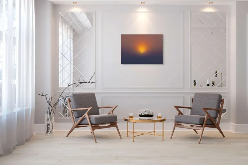 Tablou Canvas, "Soarele răsare peste orizont liniștit", Apus, Soare, Orizont, Culori, Seară, Cer, Lumină, Peisaj, 100 x 70 cm – poza 5