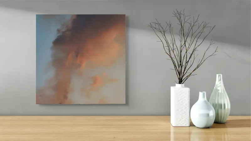 Tablou Canvas, "Focul din adâncurile muntelui
", Fum, Lumină, Erupție, Lave, Cer, Munte, Magnific, Dramatic, Flăcări, 50 x 50 cm – poza 3