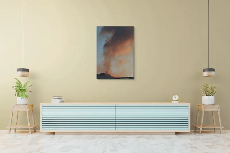 Tablou Canvas, "Focul din adâncurile muntelui
", Fum, Lumină, Erupție, Lave, Cer, Munte, Magnific, Dramatic, Flăcări, 70 x 100 cm – poza 5