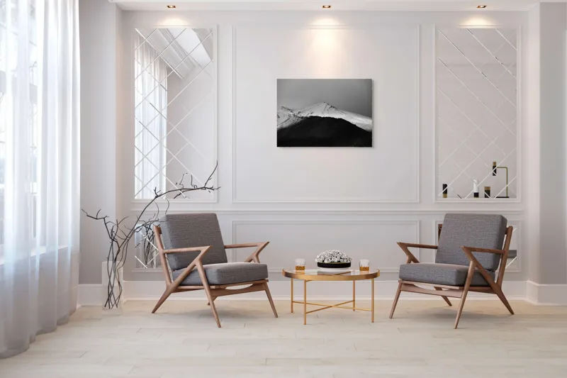 Tablou Canvas, "Întunericul se întâlnește cu albul montan", Munte, Zăpadă, Contrast, Întunecat, Vârf, Nori, Peisaj, 100 x 70 cm – poza 5