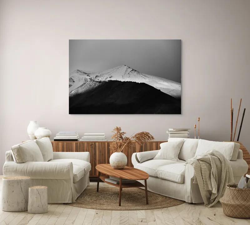 Tablou Canvas, "Întunericul se întâlnește cu albul montan", Munte, Zăpadă, Contrast, Întunecat, Vârf, Nori, Peisaj, 150 x 100 cm – poza 3