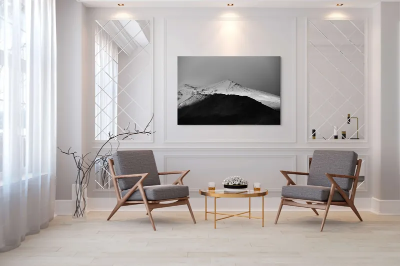 Tablou Canvas, "Întunericul se întâlnește cu albul montan", Munte, Zăpadă, Contrast, Întunecat, Vârf, Nori, Peisaj, 150 x 100 cm – poza 7