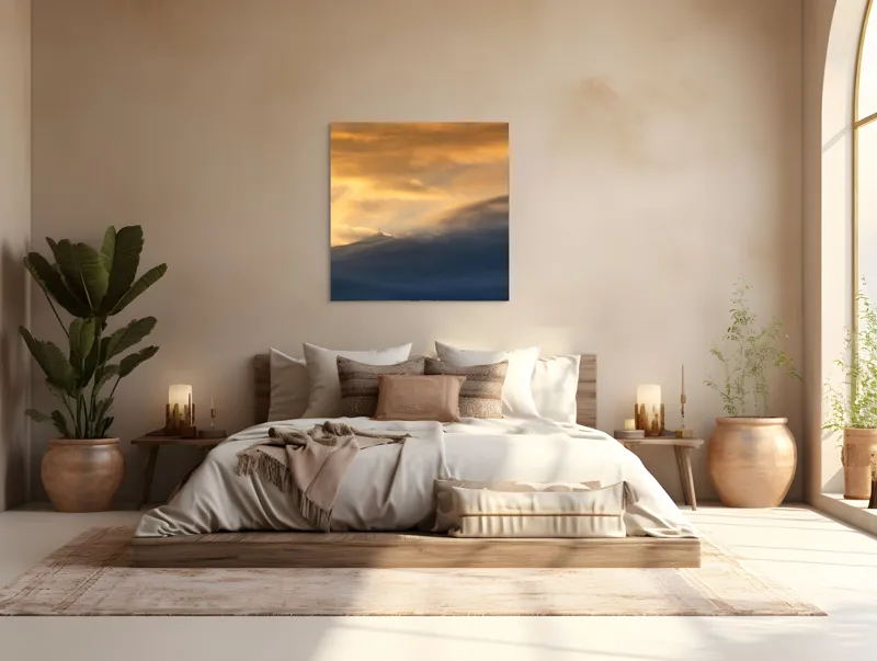 Tablou Canvas, "Apus liniștit peste munți învăluiți", Nor, Lumină, Apus, Cer, Culoare, Umbre, Nori, Vedere, Peisaj, Seninătate, 100 x 100 cm – poza 4