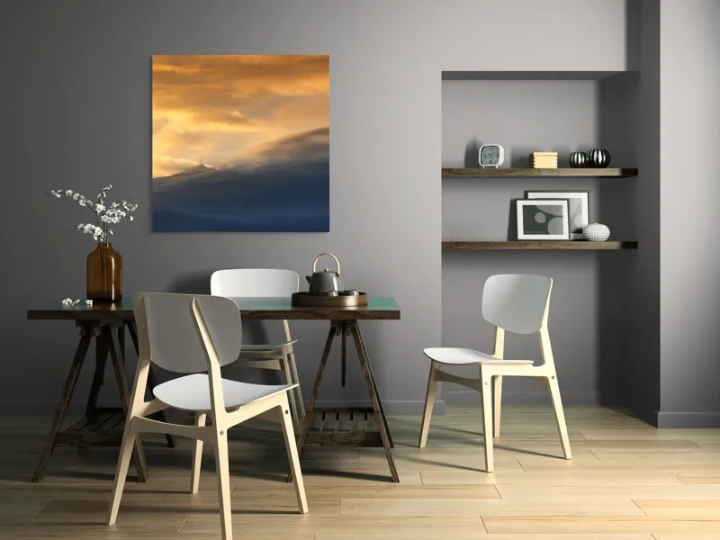 Tablou Canvas, "Apus liniștit peste munți învăluiți", Nor, Lumină, Apus, Cer, Culoare, Umbre, Nori, Vedere, Peisaj, Seninătate, 100 x 100 cm – poza 6