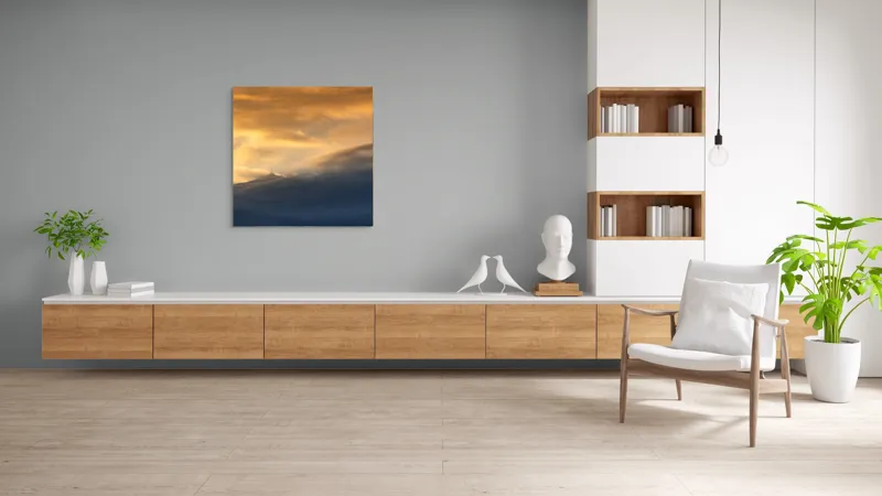 Tablou Canvas, "Apus liniștit peste munți învăluiți", Nor, Lumină, Apus, Cer, Culoare, Umbre, Nori, Vedere, Peisaj, Seninătate, 100 x 100 cm – poza 8
