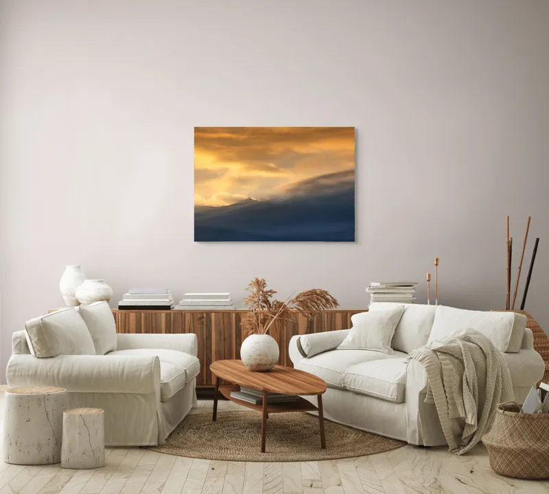 Tablou Canvas, "Apus liniștit peste munți învăluiți", Nor, Lumină, Apus, Cer, Culoare, Umbre, Nori, Vedere, Peisaj, Seninătate, 100 x 70 cm – poza 3