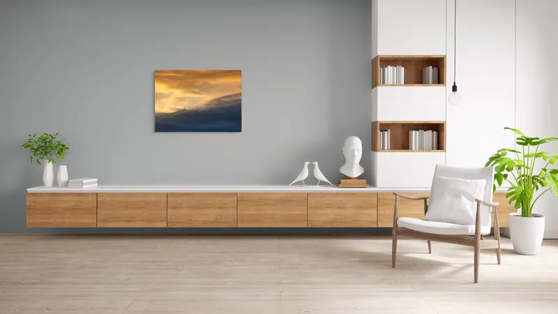 Tablou Canvas, "Apus liniștit peste munți învăluiți", Nor, Lumină, Apus, Cer, Culoare, Umbre, Nori, Vedere, Peisaj, Seninătate, 100 x 70 cm – poza 6
