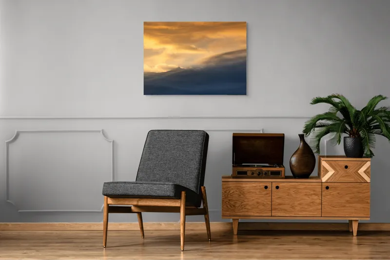 Tablou Canvas, "Apus liniștit peste munți învăluiți", Nor, Lumină, Apus, Cer, Culoare, Umbre, Nori, Vedere, Peisaj, Seninătate, 100 x 70 cm – poza 8