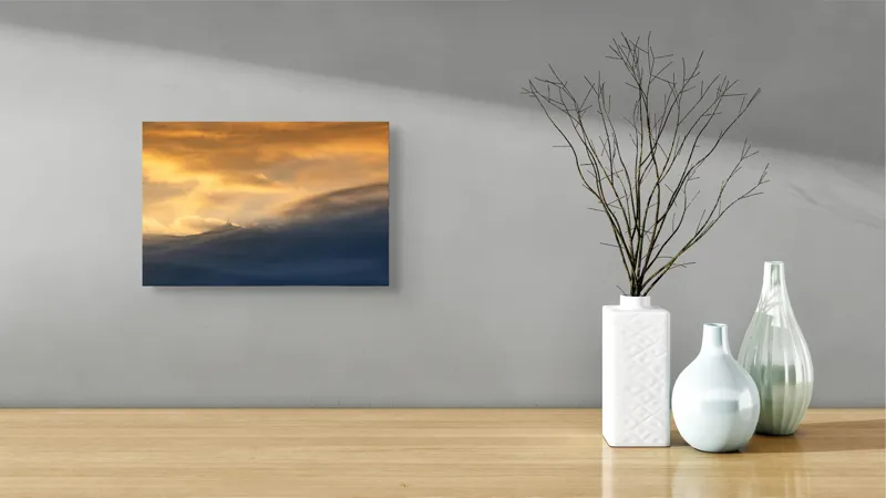 Tablou Canvas, "Apus liniștit peste munți învăluiți", Nor, Lumină, Apus, Cer, Culoare, Umbre, Nori, Vedere, Peisaj, Seninătate, 39 x 26 cm – poza 8