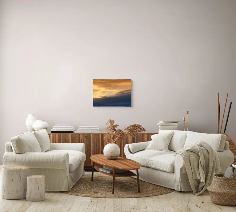Tablou Canvas, "Apus liniștit peste munți învăluiți", Nor, Lumină, Apus, Cer, Culoare, Umbre, Nori, Vedere, Peisaj, Seninătate, 54 x 39 cm – poza 5
