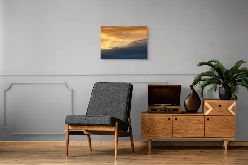 Tablou Canvas, "Apus liniștit peste munți învăluiți", Nor, Lumină, Apus, Cer, Culoare, Umbre, Nori, Vedere, Peisaj, Seninătate, 70 x 50 cm – poza 4