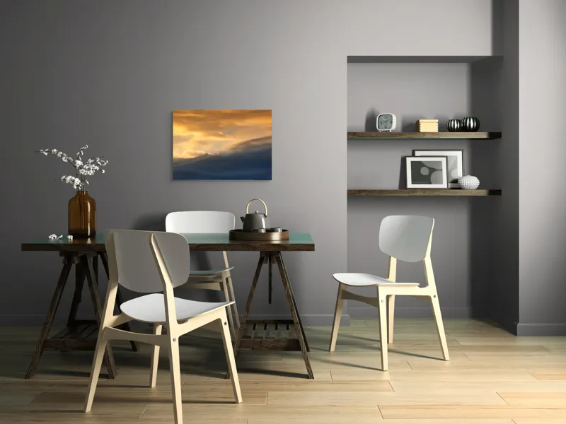 Tablou Canvas, "Apus liniștit peste munți învăluiți", Nor, Lumină, Apus, Cer, Culoare, Umbre, Nori, Vedere, Peisaj, Seninătate, 70 x 50 cm – poza 5