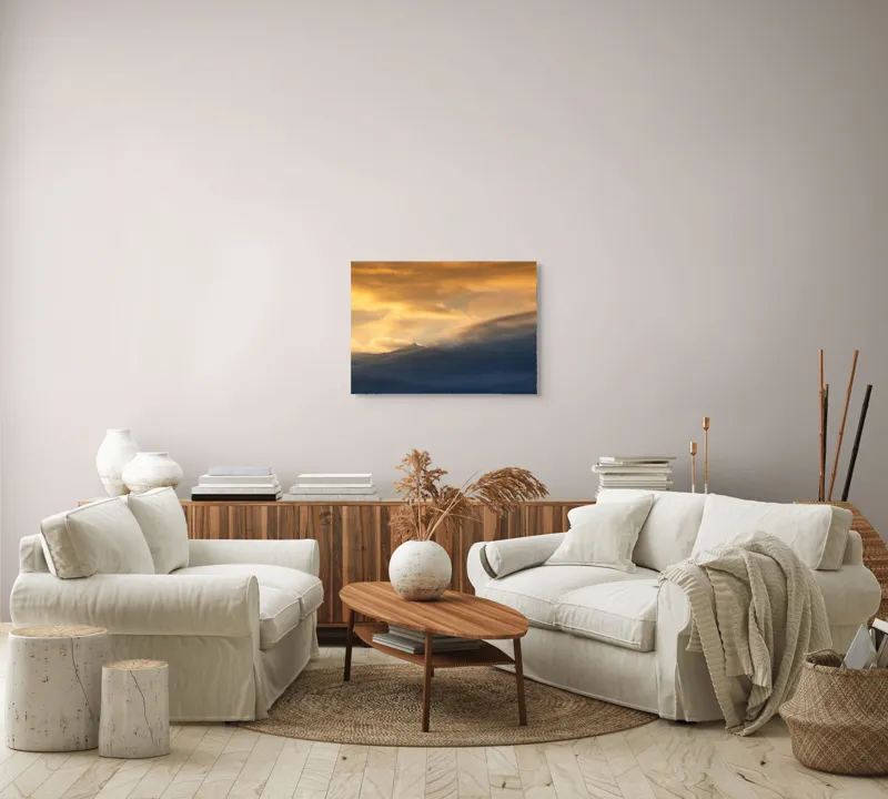 Tablou Canvas, "Apus liniștit peste munți învăluiți", Nor, Lumină, Apus, Cer, Culoare, Umbre, Nori, Vedere, Peisaj, Seninătate, 70 x 50 cm – poza 6