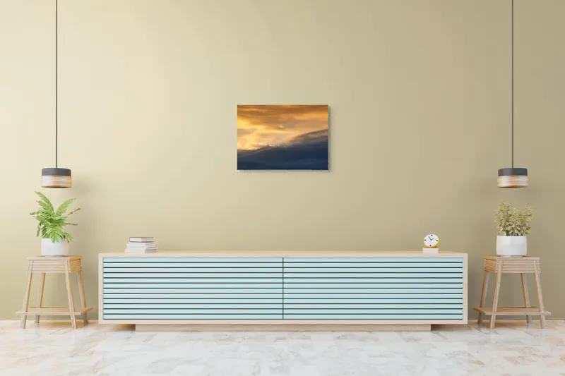Tablou Canvas, "Apus liniștit peste munți învăluiți", Nor, Lumină, Apus, Cer, Culoare, Umbre, Nori, Vedere, Peisaj, Seninătate, 70 x 50 cm – poza 7