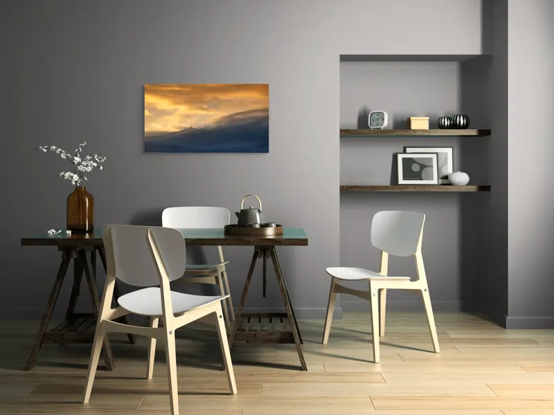 Tablou Canvas, "Apus liniștit peste munți învăluiți", Nor, Lumină, Apus, Cer, Culoare, Umbre, Nori, Vedere, Peisaj, Seninătate, 90 x 50 cm – poza 3