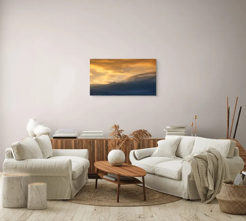 Tablou Canvas, "Apus liniștit peste munți învăluiți", Nor, Lumină, Apus, Cer, Culoare, Umbre, Nori, Vedere, Peisaj, Seninătate, 90 x 50 cm – poza 4