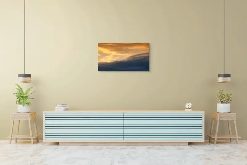 Tablou Canvas, "Apus liniștit peste munți învăluiți", Nor, Lumină, Apus, Cer, Culoare, Umbre, Nori, Vedere, Peisaj, Seninătate, 90 x 50 cm – poza 5