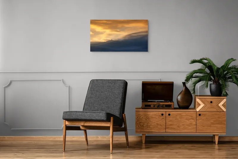 Tablou Canvas, "Apus liniștit peste munți învăluiți", Nor, Lumină, Apus, Cer, Culoare, Umbre, Nori, Vedere, Peisaj, Seninătate, 90 x 50 cm – poza 6