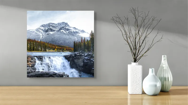 Tablou Canvas cu Cascadă și Munți Înzăpeziți, , Multicolor, 50 x 50 cm – poza 3