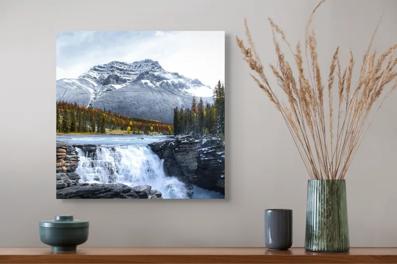 Tablou Canvas cu Cascadă și Munți Înzăpeziți, , Multicolor, 50 x 50 cm – poza 4