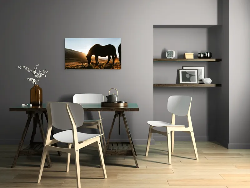 Tablou Canvas, Cal în Lumina Răsăritului, Siluetă, Apus, Peisaj Montan, 90 x 50 cm – poza 3