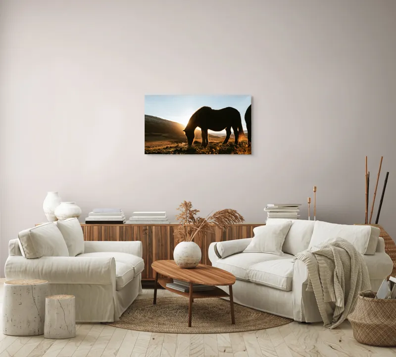 Tablou Canvas, Cal în Lumina Răsăritului, Siluetă, Apus, Peisaj Montan, 90 x 50 cm – poza 4