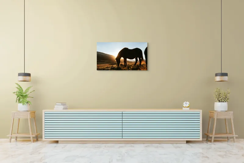 Tablou Canvas, Cal în Lumina Răsăritului, Siluetă, Apus, Peisaj Montan, 90 x 50 cm – poza 5