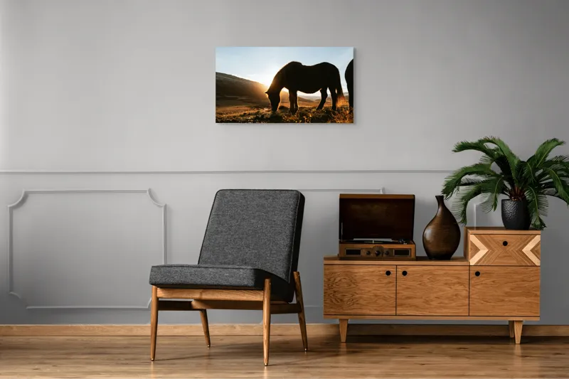 Tablou Canvas, Cal în Lumina Răsăritului, Siluetă, Apus, Peisaj Montan, 90 x 50 cm – poza 6