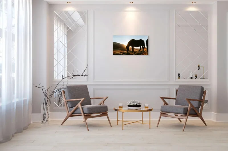 Tablou Canvas, Cal în Lumina Răsăritului, Siluetă, Apus, Peisaj Montan, 90 x 50 cm – poza 7