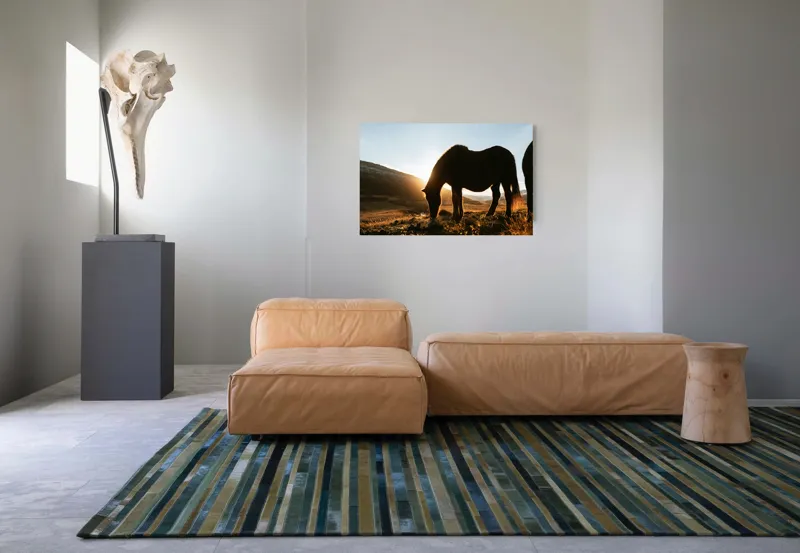 Tablou Canvas, Cal în Lumina Răsăritului, Siluetă, Apus, Peisaj Montan, 90 x 50 cm – poza 8