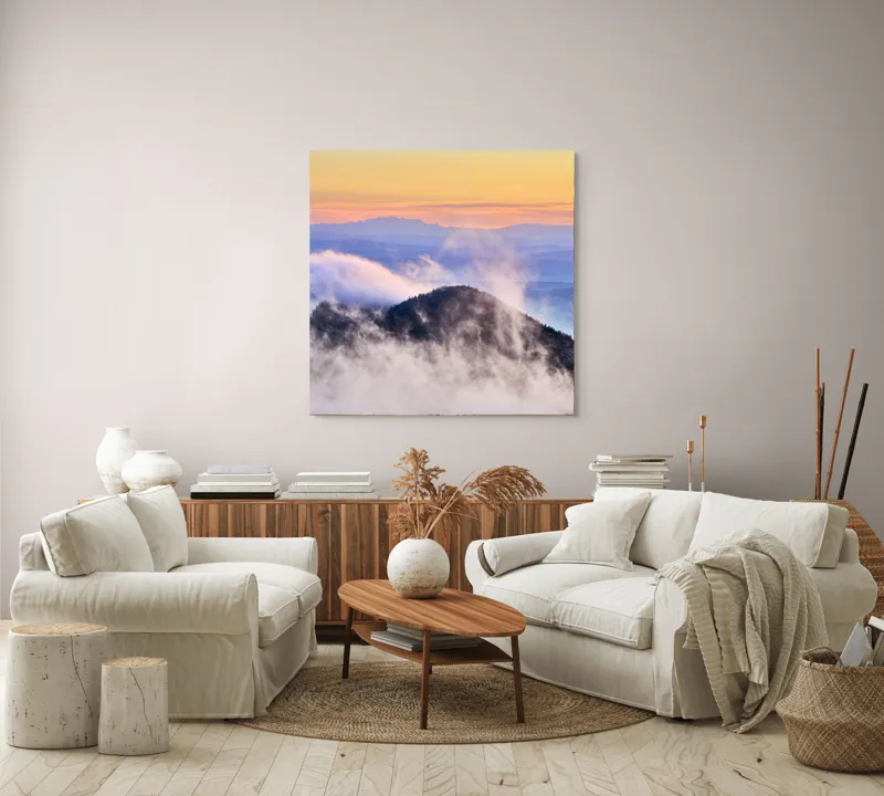 Tablou Canvas cu Munte în Ceață la Apus, , Multicolor, 100 x 100 cm – poza 3
