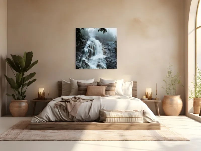 Tablou Canvas, "Cascada năvalnică în mijlocul pădurii", Cascadă, Apă, Stânci, Frunziș, Ceață, Natură, Răcoritoare, Pădure, Măreție, Revigorant, Liniște, Vărsare, Verdeață, Impresionant, Răsunet., 100 x 100 cm – poza 4