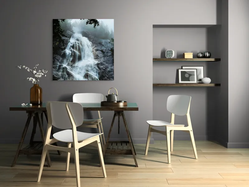 Tablou Canvas, "Cascada năvalnică în mijlocul pădurii", Cascadă, Apă, Stânci, Frunziș, Ceață, Natură, Răcoritoare, Pădure, Măreție, Revigorant, Liniște, Vărsare, Verdeață, Impresionant, Răsunet., 100 x 100 cm – poza 6
