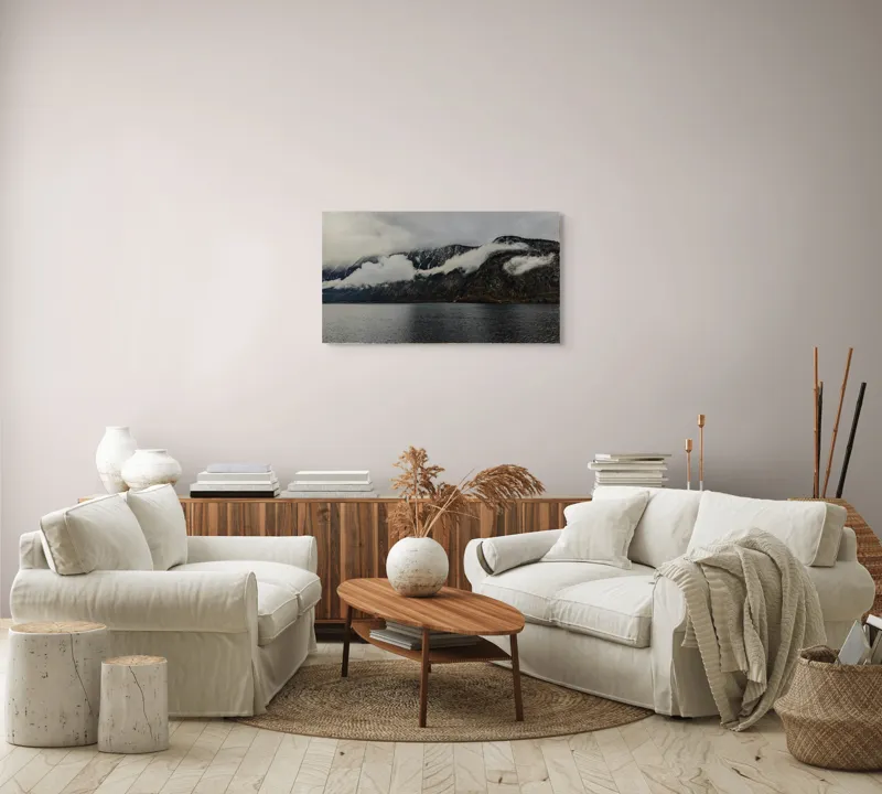 Tablou Canvas Peisaj Natură Munți Apă Reflexie Ceață Calm, 90 x 50 cm – poza 4